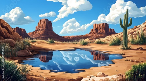 Desert landscape featuring rock formations water body and clear blue sky