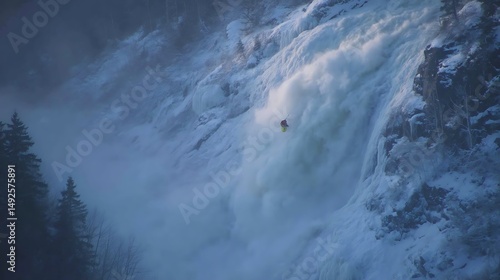 Daredevil skier descends frozen waterfall in a breathtaking winter landscape
