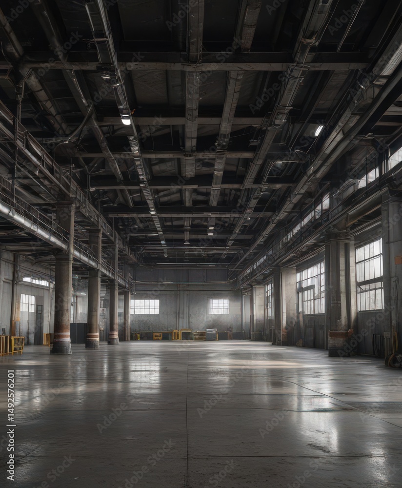 Raw industrial space High ceilings, visible ductwork & beams , construction, open plan, urban Raw industrial space High ceilings, visible ductwork & beams , construction, open plan, urban