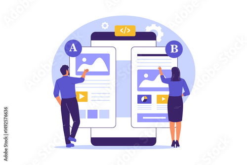 Flat Illustration of A/B Testing Interface in UI/UX Design. Illustrations for websites, landing pages, mobile apps, posters and banners