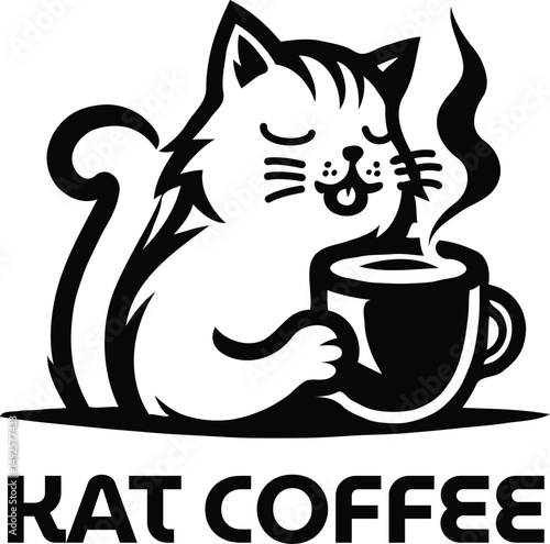a picture of a cat with a cup of coffee. black and white