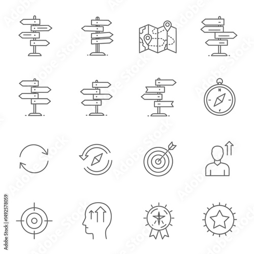 A collection of sixteen different line art icons representing direction and achievement concepts shown