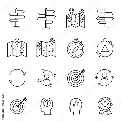 Collection of outlined icons representing direction, navigation, and personal development concepts
