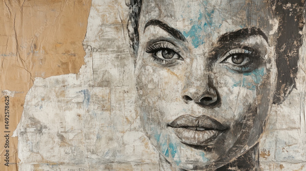 Fototapeta premium A captivating portrait of a woman, rendered in grayscale with hints of teal, set against a textured background of layered papers