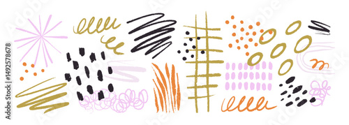 Abstract scribbles and doodle design elements set. Hand-drawn decorations, dots, creative lines, blobs and freehand grid, spontaneous textures. Flat vector illustration isolated on white background