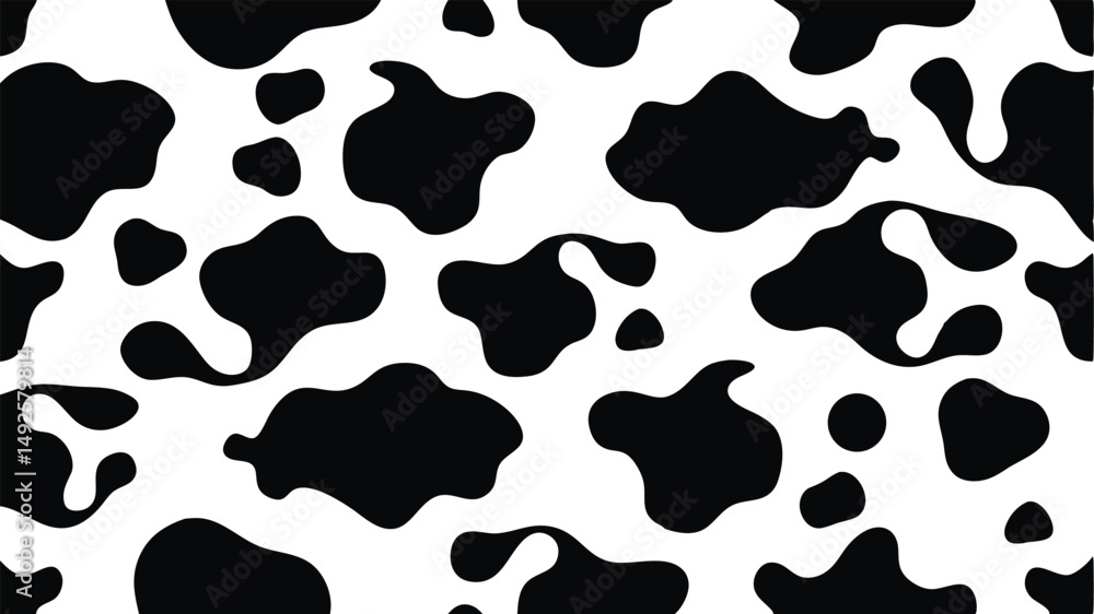 Fototapeta premium Seamless cow print vector pattern. Black and white spotted farm animal skin texture repeating design background