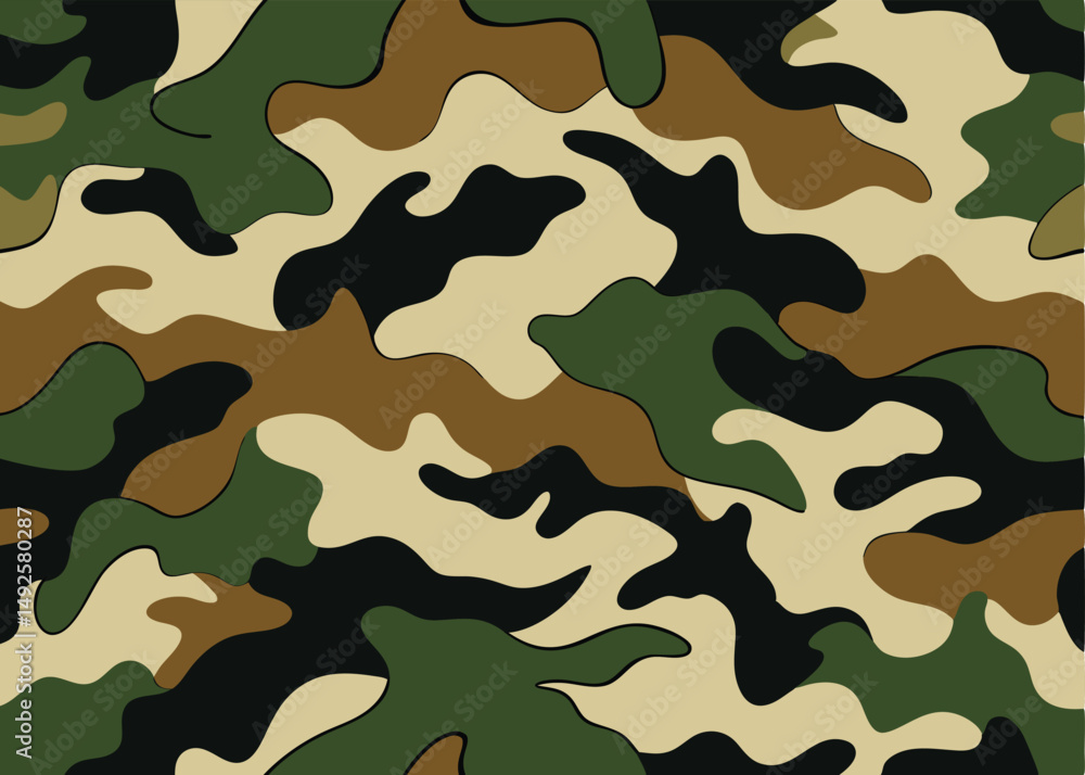 Naklejka premium Seamless army camouflage vector pattern. Military style camo print with green, brown, and beige color blending