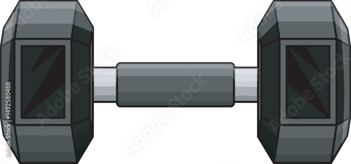 Vector illustration of a hexagonal dumbbell with solid rubber-coated ends and a metal grip handle, commonly used for strength and resistance training.