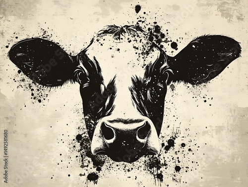 Cow's head, artistic style, distressed background