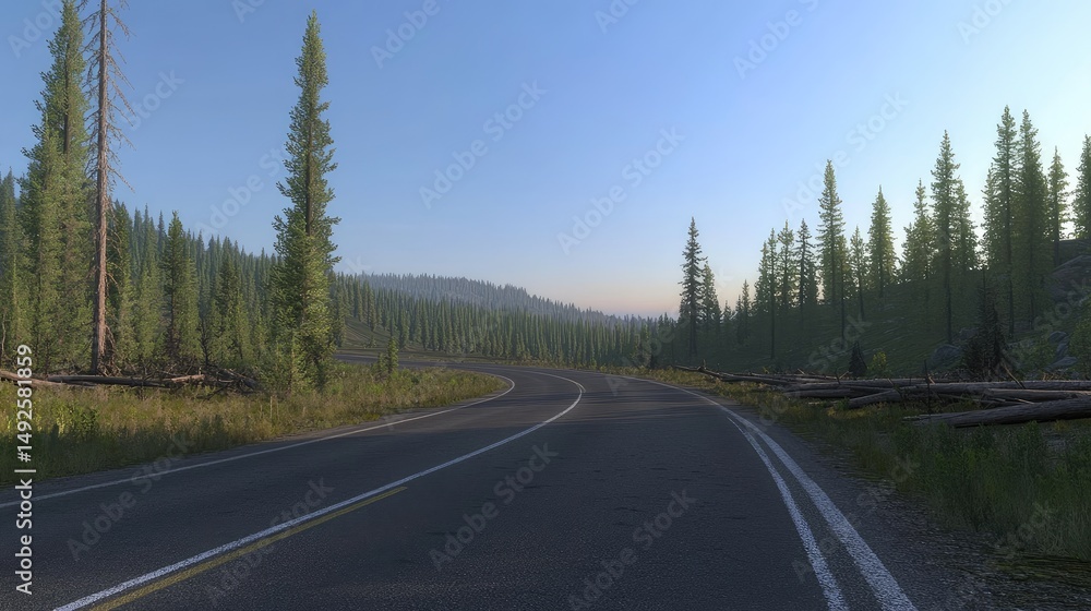 Fototapeta premium A winding road through a coniferous forest at dawn.
