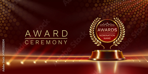 Award ceremony nomination name podium, golden prize event, scene star ceremony. Vector illustration