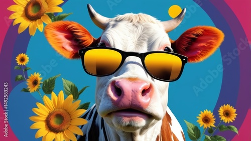 A playful graphic featuring a cow in sunglasses, adorned with bright sunflowers, capturing a fun, sunny atmosphere.