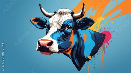 A cow with vibrant paint splatters on its head, showcasing a playful and artistic appearance.