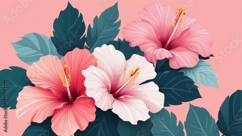 Pink hibiscus flowers against a soft pink background, creating a vibrant and harmonious floral composition.
