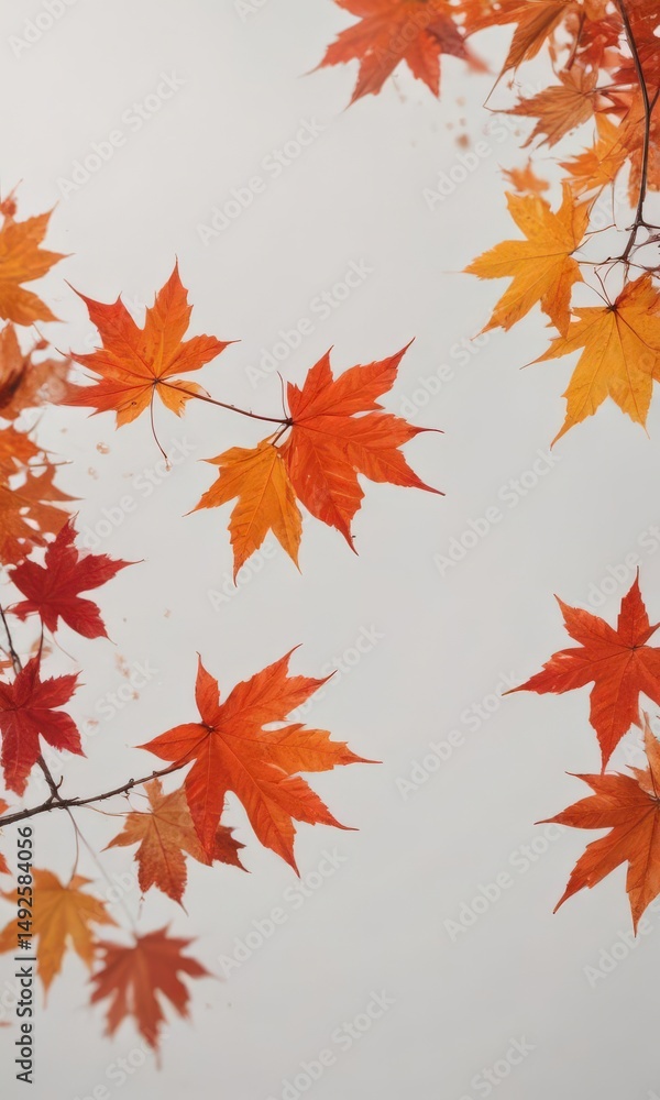 Crisp, vibrant red and orange maple leaves falling against a pure white backdrop , red, october Crisp, vibrant red and orange maple leaves falling against a pure white backdrop , red, october
