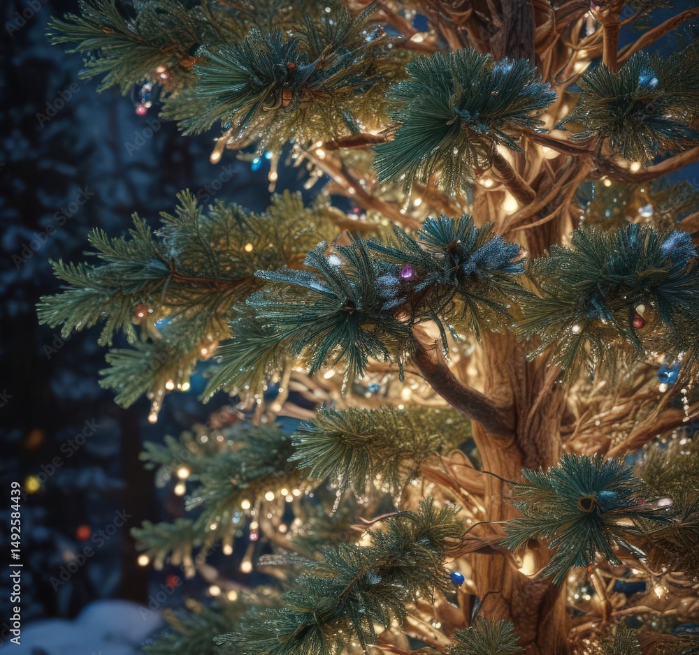 Obraz premium Tangled Christmas lights illuminate a frosty pine tree , scenic, texture, frost