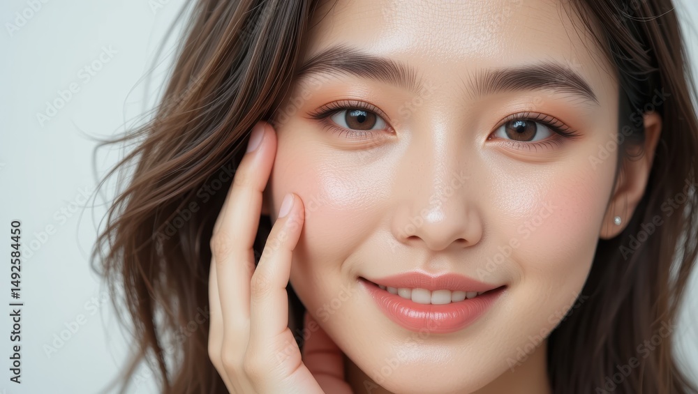 Beautiful Young Woman Smiling Softly While Touching Her Face in Close-up Portrait Beautiful Young Woman Smiling Softly While Touching Her Face in Close-up Portrait