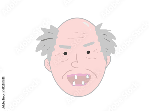 Illustration of the face of an elderly man with gray hair and missing teeth