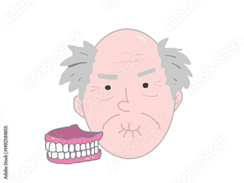 Illustration of an old man's face with his dentures removed and dentures lined up next to his face