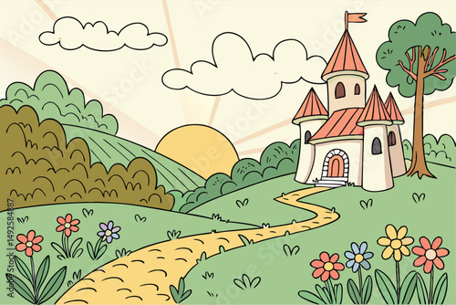 181 fairytale garden, vibrant colors, whimsical architecture, lush greenery, colorful flowers, winding path, sun rays, puffy clouds, storybook scene, cartoon-like style, imaginative composition