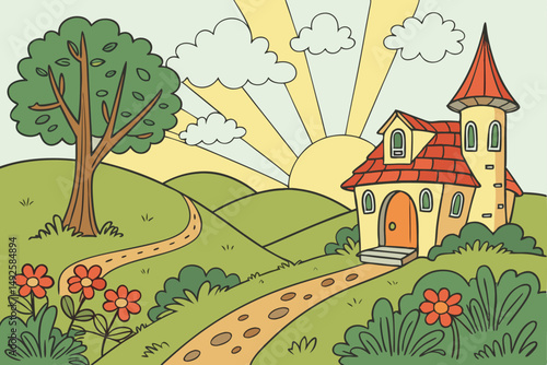 181 fairytale garden, vibrant colors, whimsical architecture, lush greenery, colorful flowers, winding path, sun rays, puffy clouds, storybook scene, cartoon-like style, imaginative composition