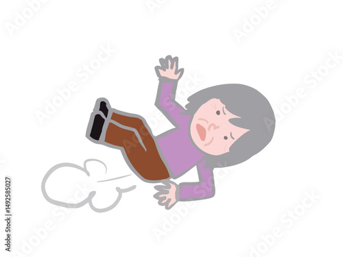 Illustration of a scene where an elderly woman with gray hair falls violently and gets injured