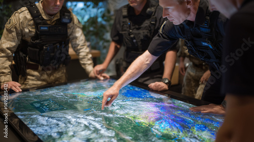 Emergency services team gathered around a glass table with an embedded smart map, analyzing threat zones and resource movement across affected areas