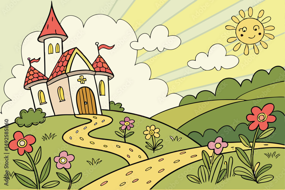 Fototapeta premium 181 fairytale garden, vibrant colors, whimsical architecture, lush greenery, colorful flowers, winding path, sun rays, puffy clouds, storybook scene, cartoon-like style, imaginative composition