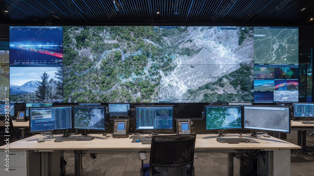 custom made wallpaper toronto digitalCrisis room filled with large-format screens, rescue teams coordinating flood rescue with drones, GPS tracking, and real-time citizen distress markers on display