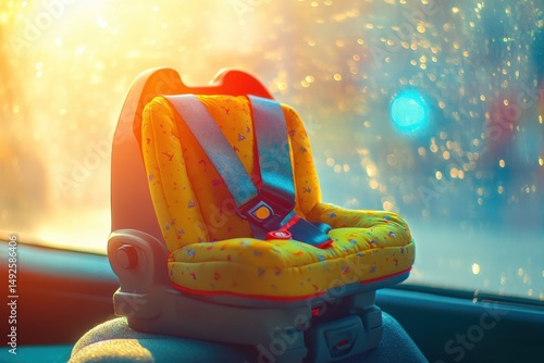 Bright and Colorful Baby Car Seat on a Car Dashboard with Raindrops on the Window, Perfect for Family Travel or Safety Education Themes