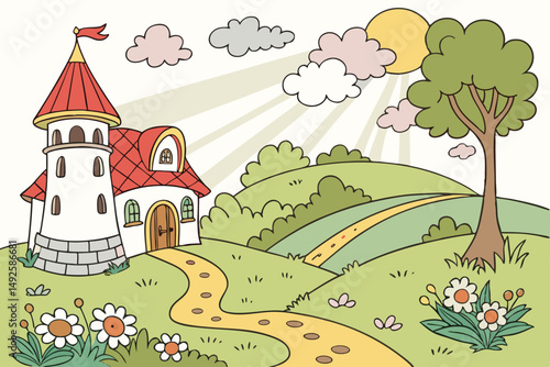 181 fairytale garden, vibrant colors, whimsical architecture, lush greenery, colorful flowers, winding path, sun rays, puffy clouds, storybook scene, cartoon-like style, imaginative composition