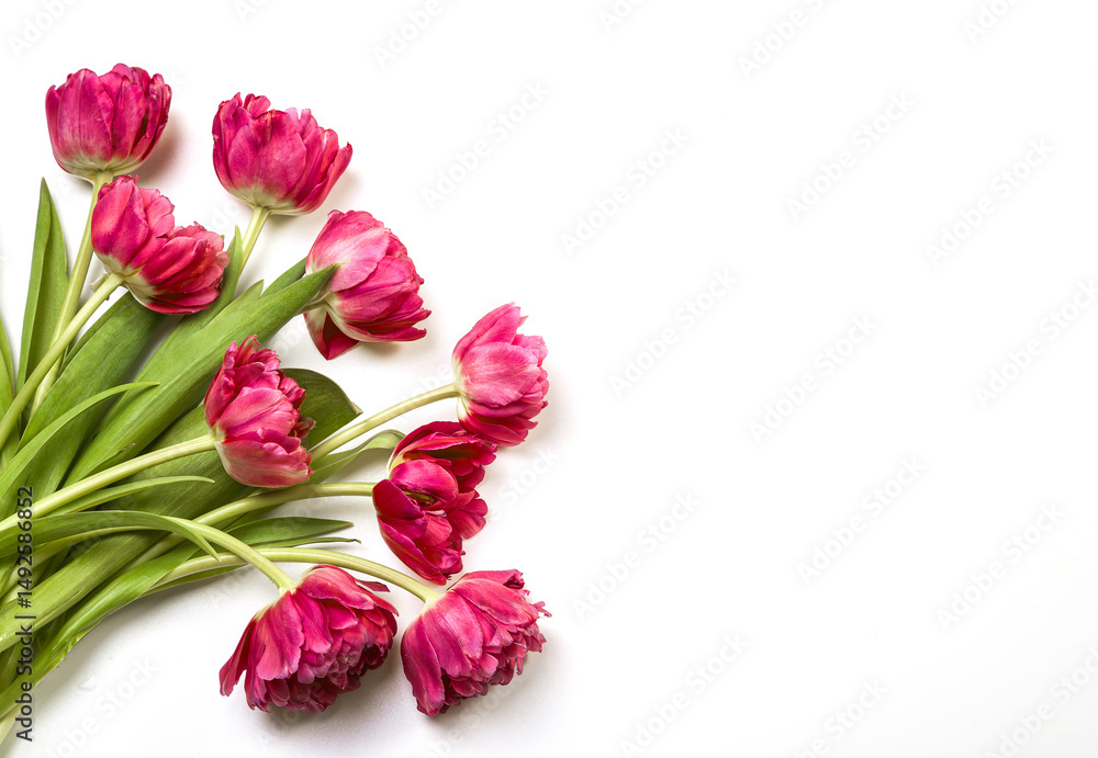 Obraz premium Bouquet of pink tulips on white background. Copy space