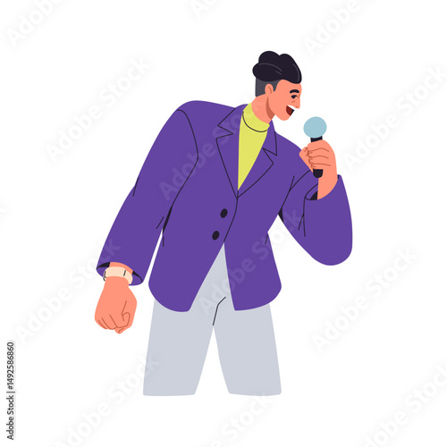 Showman with microphone. Happy male host, speaker, entertainer holding mic, speaking, announcing, presenting at live event. Show man with mike. Flat vector illustration isolated on white background