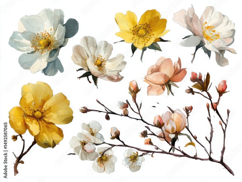 Fototapeta premium Watercolor Illustrations of Dog Rose Flowers and Branches on White Background, Top Down View, Realistic Style, Isolated Elements