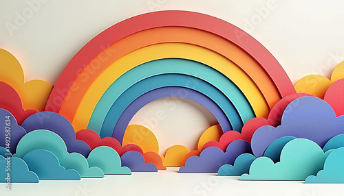 Colorful layered rainbow and clouds illustration, for backgrounds, with copy space