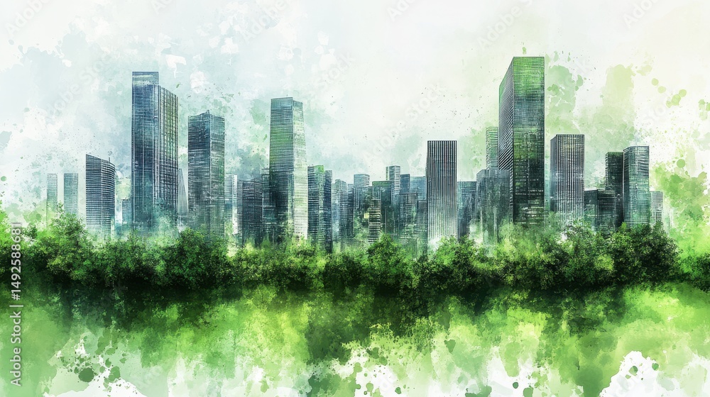 Watercolor City Skyline Emerging from Lush Greenery Watercolor City Skyline Emerging from Lush Greenery