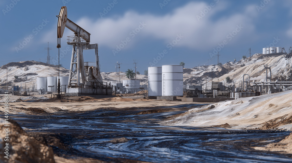 Obraz premium Oil production site showing dark slicks on the sand beneath machinery, with storage drums and connecting pipes in view