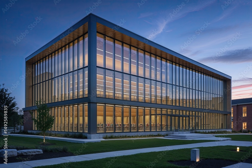 Obraz premium Contemporary Library Design Featuring Large Windows Illuminated by Twilight Sky