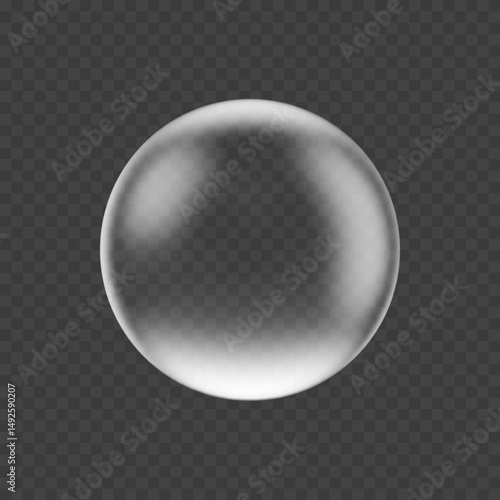 Realistic 3d glass bubble illustration with smooth edges and subtle reflections. Clear and glossy white transparent water or soap ball icon. Vector crystal transparency drop isolated dark background