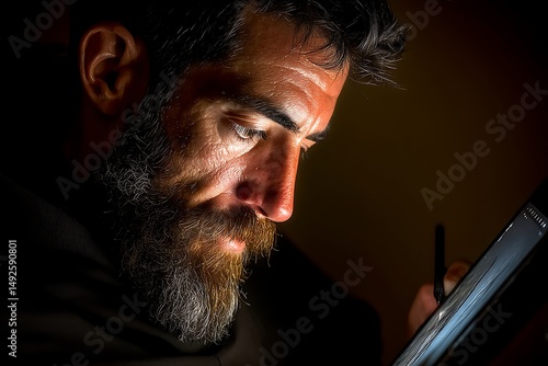 Intense Focus: A Man Working on a Tablet in Low Light