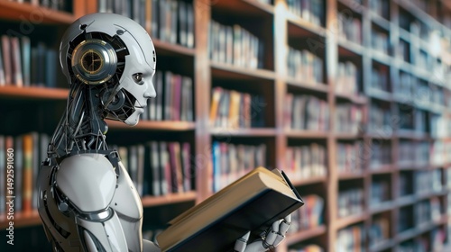This image depicts a humanoid robot standing in a library, holding and reading an open book. The robot is designed with a sleek, futuristic appearance, featuring metallic components, wires, and joints