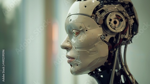 A sleek humanoid robot with advanced artificial intelligence stands in a futuristic high-tech setting, surrounded by digital interfaces and glowing data streams. The robot's design features intricate 