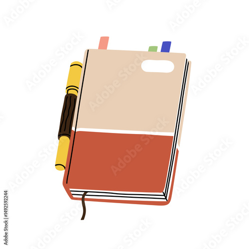 Notebook, business planner, office diary. Paper notepad, organizer with pen, tabs and bookmarks. Closed journal for work planning, note taking. Flat vector illustration isolated on white background