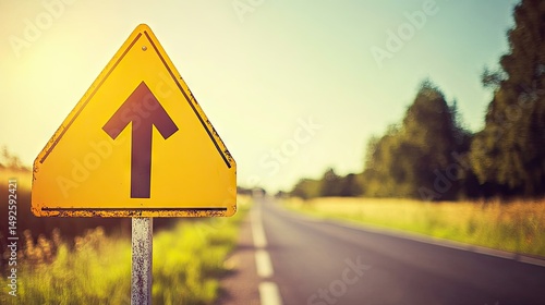 Outdoor yellow traffic sign indicating a one-way road.