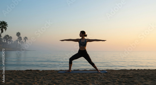 Serene beach yoga warrior pose at sunrise, embracing tranquility and strength