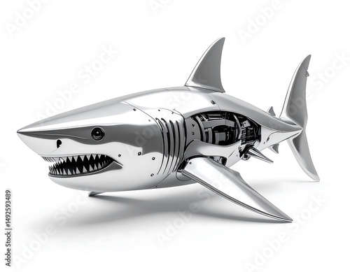 Wallpaper Mural Metallic Shark Sculpture Showing Mechanical Details Against White Backdrop Torontodigital.ca