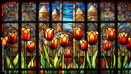 Stained glass window featuring tulips and historical architecture