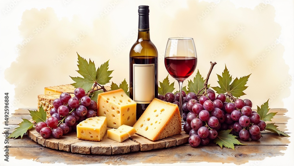 Cheese and wine flat lay, elegant food pairing with copy space Cheese and wine flat lay, elegant food pairing with copy space