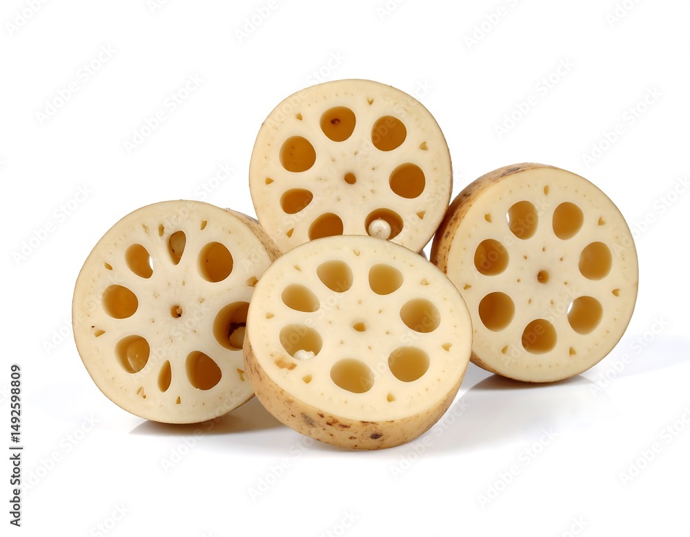 Fototapeta premium Sliced Lotus Root Displayed on White Surface Showing Texture and Details
