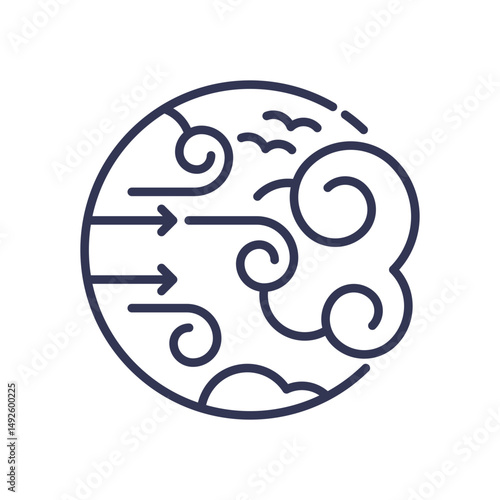 Circular design with arrows and swirls symbolizing airflow and dynamics.